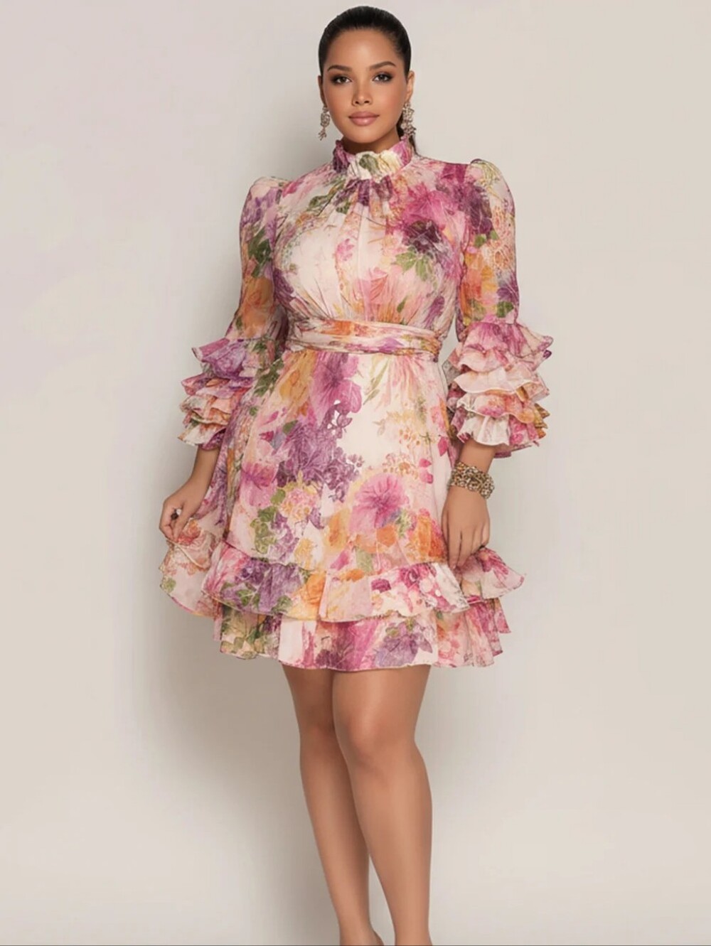 Floral Ruffle Tiered Mini Dress - Pink Floral